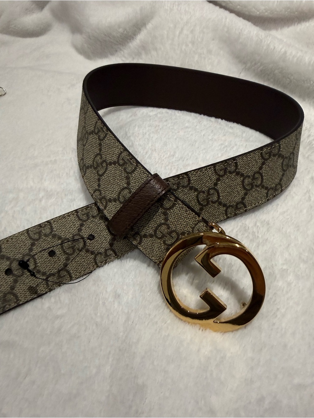 Gucci Beige GG Monogram Belt with Gold Double G Buckle and Brown Trim 65